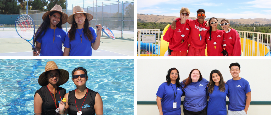 Two tennis instructors, swim instructors in the pool, four waterpark staff with matching red sweaters, four administrative staff in blue shirts.