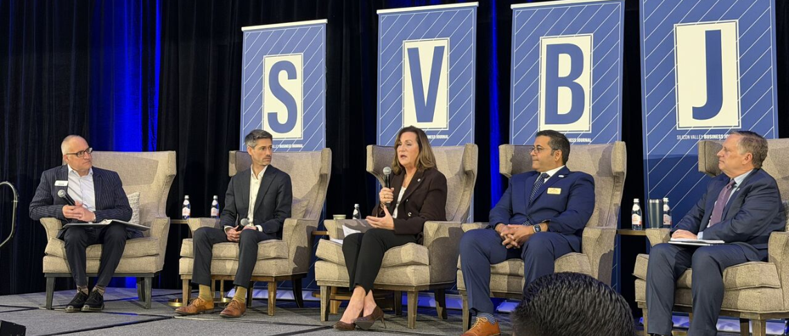 Mayors of San Jose, Santa Clara, Fremont, and Sunnyvale sit on stage with a moderator at Silicon Valley Business Journal event