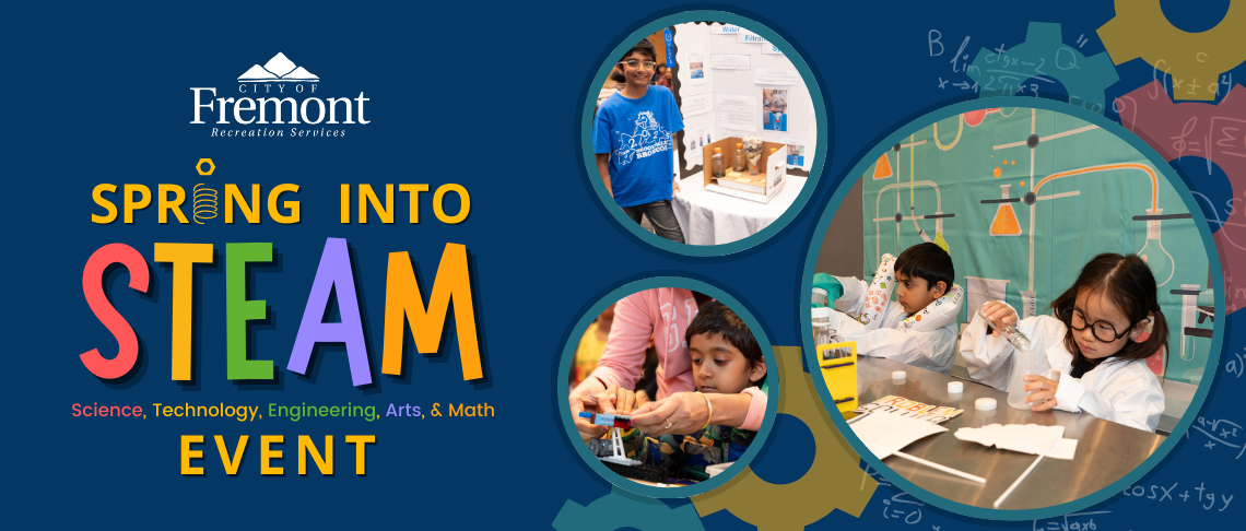 Boy in blue shirt next to his project. Girl in white lab coat. Kid assembling a small robot. Text: Spring into Steam Event.