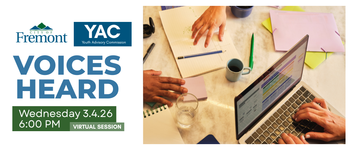 Hands typing on a laptop, on post-it notes, writing in a journal. Text: Youth Advisory Commission. Voices Heard. Virtual Session.