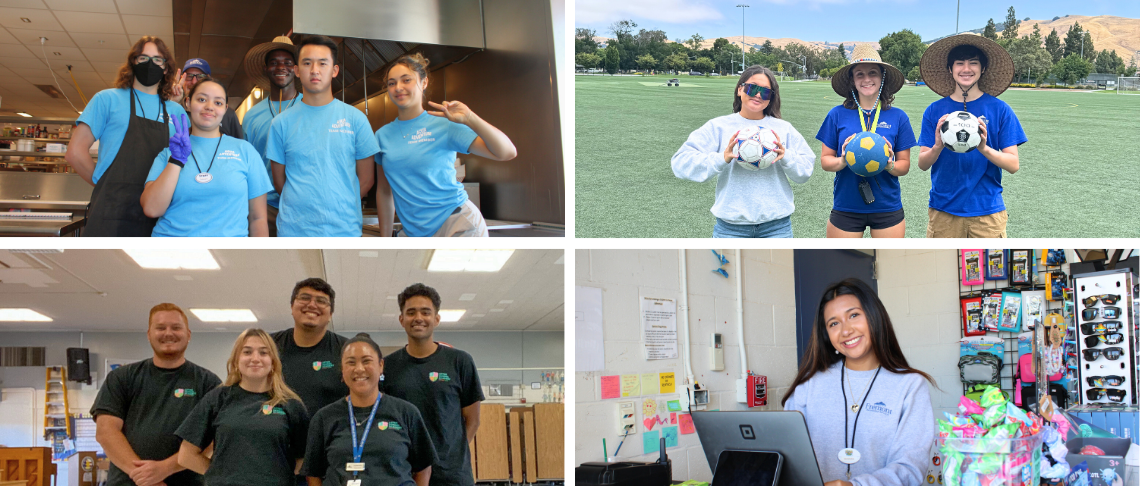 Young people in various jobs: kitchen staff, soccer instruction, operating a retail point of sale, administrative staff.