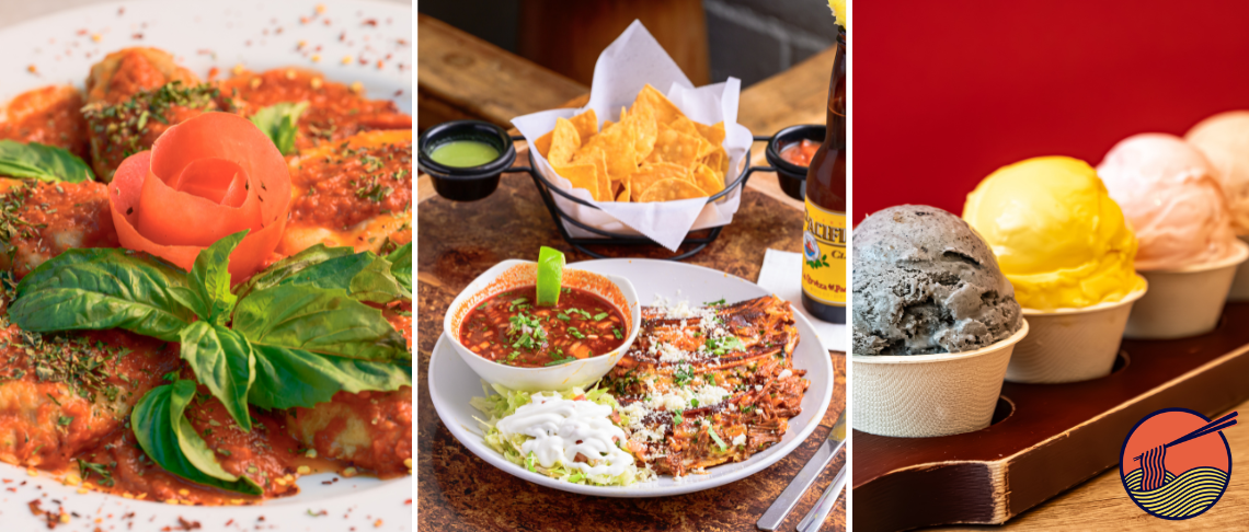 Italian pasta dish, quesabirria dish with tortilla chips, scoops of ice cream