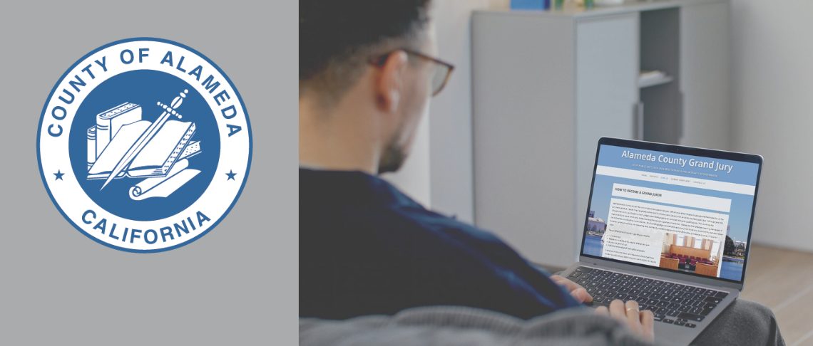Man using laptop applying for Alameda County Grand Jury role, with Alameda County logo