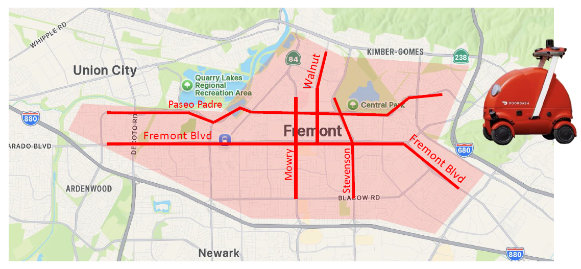 The initial service area for Dot, encompassing parts of Fremont Blvd, Paseo Parkway, Walnut, and Mowry