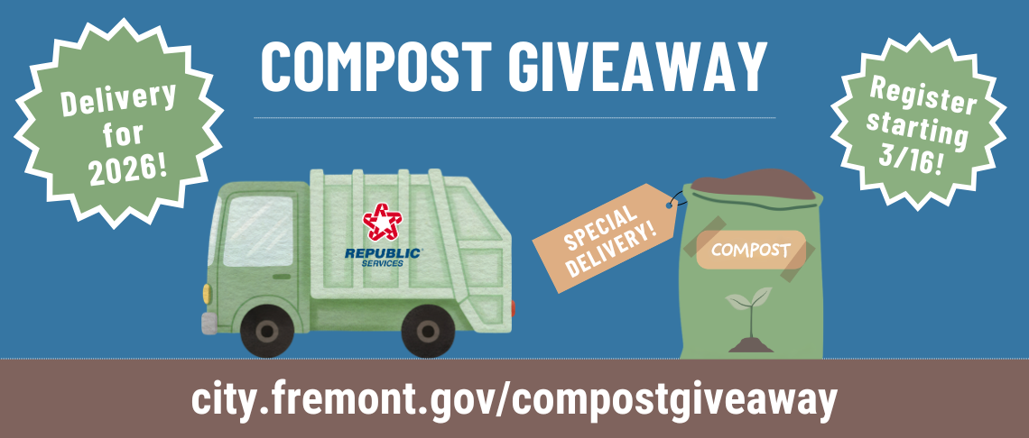 Register starting March 16 for this year's Compost Giveaway 2026 special delivery. city.fremont.gov/compostgiveaway