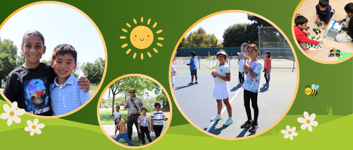 Kids hugging, building legos, playing tennis