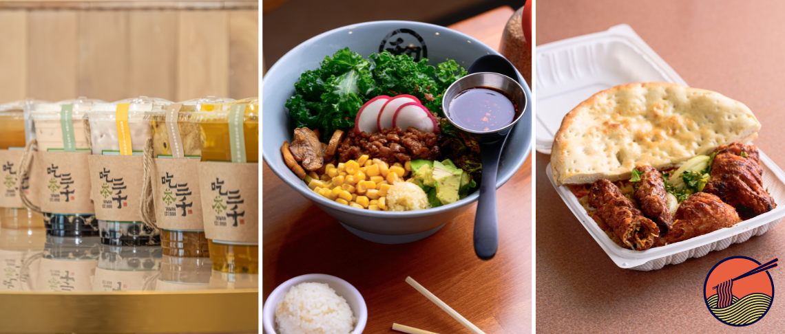 Wadaya Ramen bowl; boba from Chicha San Chen; Chicken and rice from Bismillah