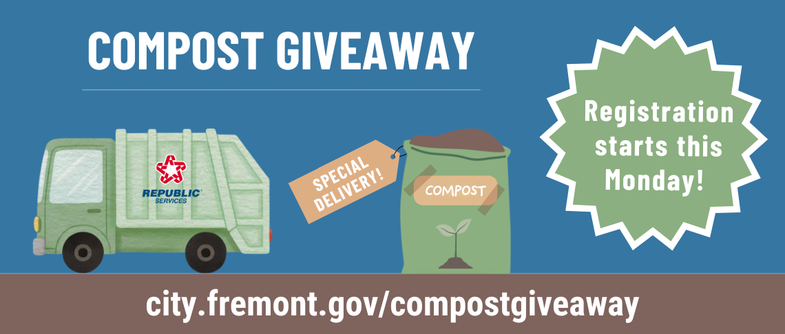 Republic Services garbage truck, filled bag of compost with Text: Compost Giveaway. Registration starts this Monday.