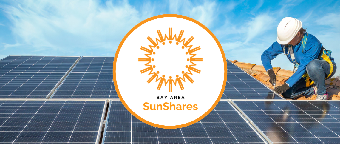 Construction worker with hard hat working on a solar panel. Text reads: Bay Area SunShares.