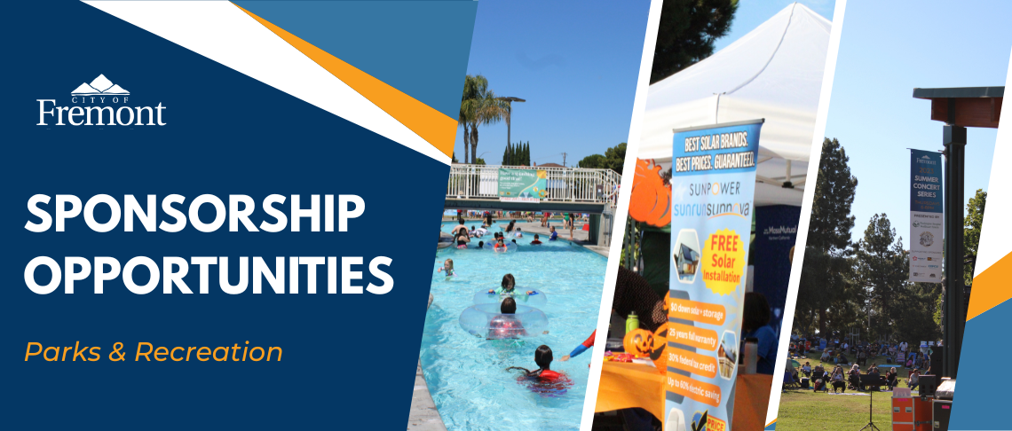 Kids floating in the pool, informational tables setup at community events. Text reads: Sponsorship Opportunities.