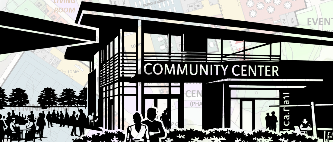Black and white rendering of the community center