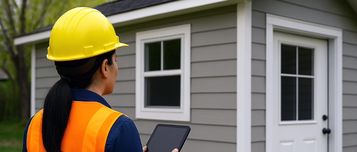 Female inspection worker wearing a yellow hard hat, viewing an ADU