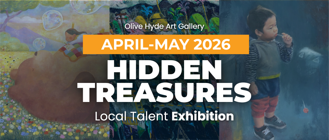 Vibrant, colorful paintings of abstract landscapes and a kid eating a lollipop. Text reads: Olive Hyde Art Gallery. Hidden Treasures.