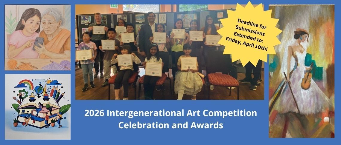 A group of kids holding certificates. Background of paintings of a ballerina, a girl helping grandma use her phone, and a collection of books.