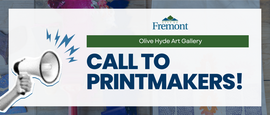 Linoleum prints with megaphone and text: Call to Printmakers!