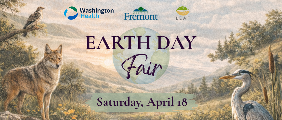 Falcon, wolf, bird in nature with text: Earth Day Fair. Saturday, April 18