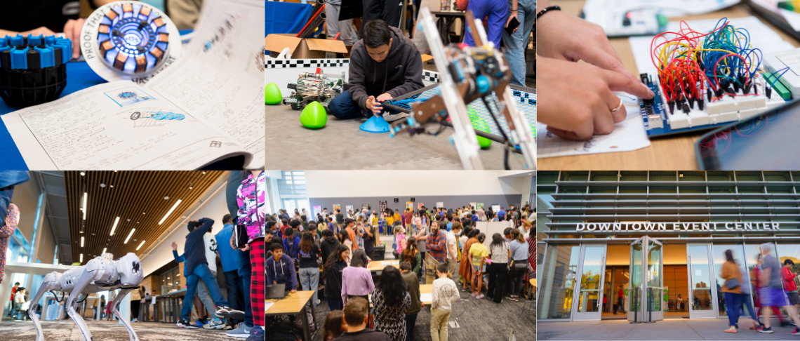 Photo collage of the Fremont Engineering Expo. Photos of students, exhibits, and guests