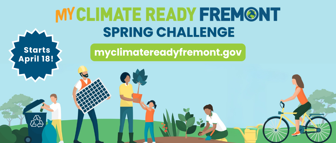 My climate ready fremont, graphic of figures planting, biking, holding a solar panel. 