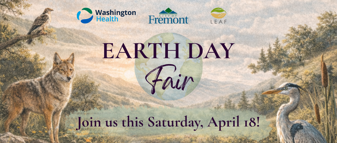 Earth Day Event Graphic. Event takes place April 18. Photo of animals and hills/trees.