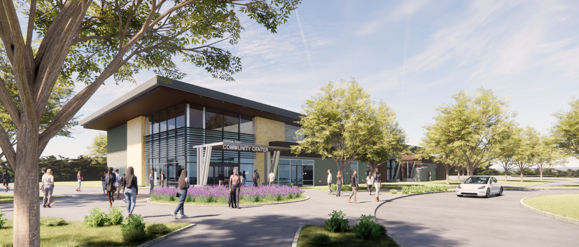 Central Park Community Center Ground breaking. Digital rendering of exterior of building with people outside. 