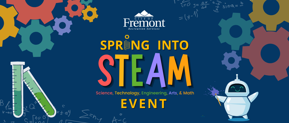 Spring Into STEAM Returns Next Week. Graphics of a robot, test tubes, and spring into steam letters. 