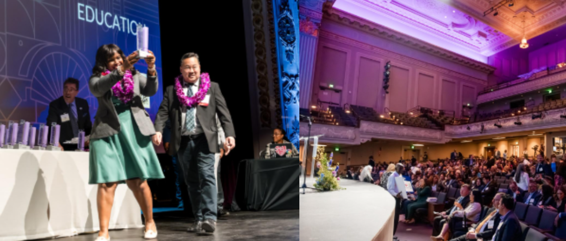 East Bay Innovation Awards: Photos of the crowd and a recipient on stage 