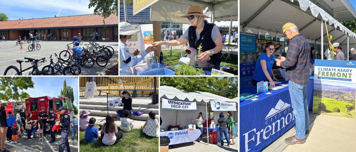 Photo collage from Earth Day. Photos of vendors, story time, bikes, and fire department 