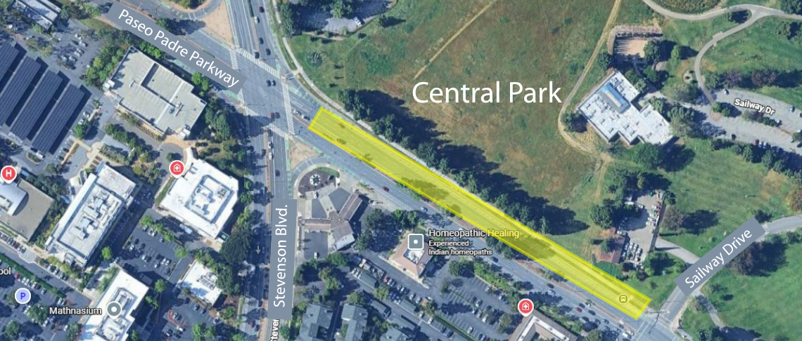 Aerial view of traffic control measures starting August 17 along Paseo Padre Pkwy bordered by Stevenson Blvd and Sailway Dr near Central Park.