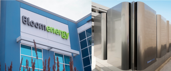 Exterior company signage of Bloom Energy with installed fuel servers.