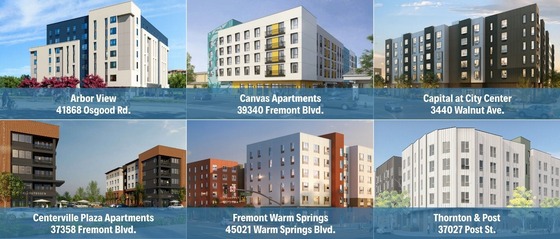 Collage of six modern Fremont apartment building renderings, each labeled with its name and address.