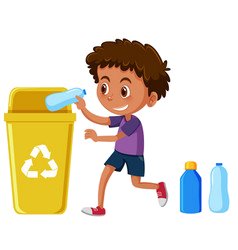 animated person throwing a water bottle into a yellow container with the triangular recycling symbol on it
