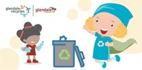 Two cartoon girls holding bottles standing on either side of a trash can with the recycling symbol on it