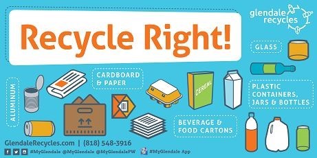 "Recycle Right" Banner with aluminum items, cardboard & paper items, beverage & food containers, plastic containers, jars & bottle items