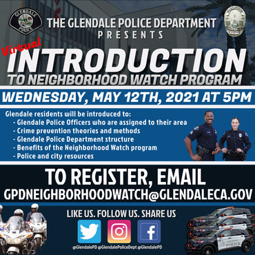 Introduction to Neighborhood Watch Flyer; Glendale Police Department Logo,  police officers on their motorcycles, three GPD cars