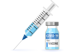 A Syringe filled with the COVID-19 vaccine next to a vile of the vaccine with a label "COVID-19 Vaccine"
