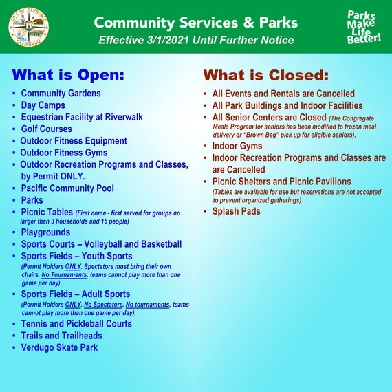 List of What is Open and Closed at Glendale Parks as of 3/1/2021 and until Further Notice