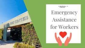 Exterior of Verdugo Jobs Center Building with  flyer that reads "new emergency assistance for workers" two hands holding a heart below text