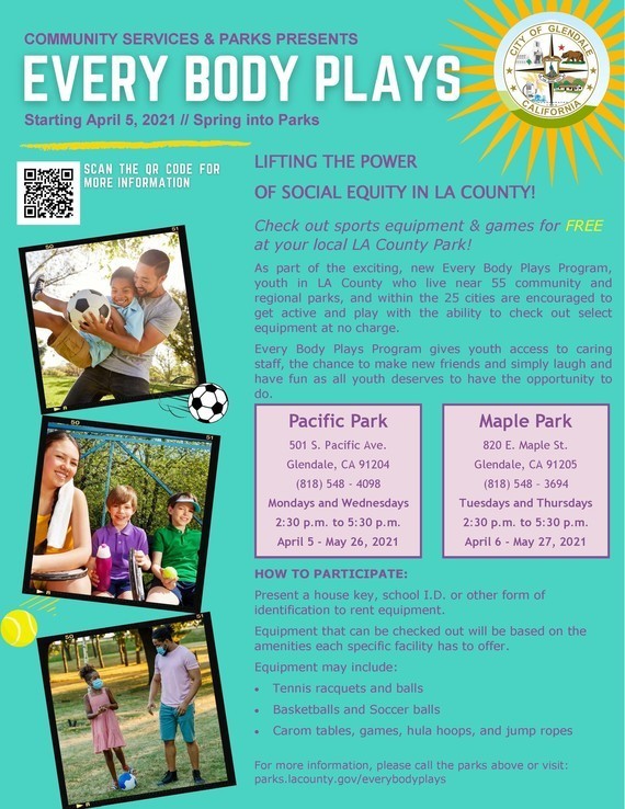 Flyer for Every Body Plays; text about how to participate in this program; images of families playing sports and smiling at camera