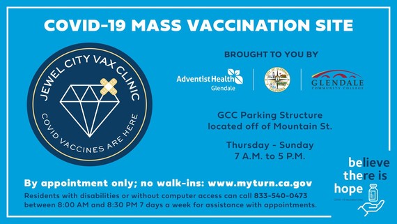 COVID-19 Mass Vaccination Site; Jewel City Vax Clinic; blue flyer with navy circle and jewel in the middle