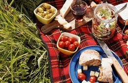 picnic with a red blanket on grass, picnic basket, bread, tomatoes, utensils