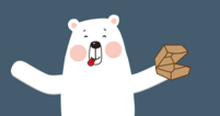 An animated polar bear holding an empty carton box
