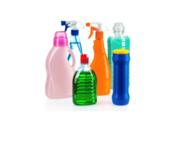 Six bottles of different cleaning supplies