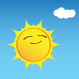cartoon image of sun smiling, background of blue sky and one white cloud