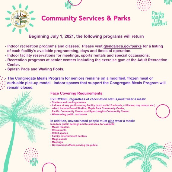Community Services & Parks Returning Programs list as of July 1st