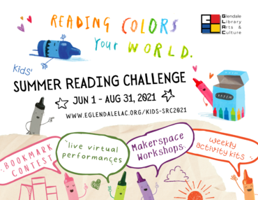 Summer Reading Challenge flyer with purple, green, orange, red, black, blue, and red cartoon crayons jumping around
