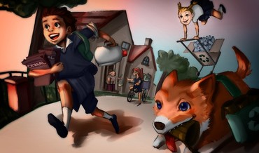 Recycling Art Contest Winner; painting of two students running with recyclables along with their pet fox