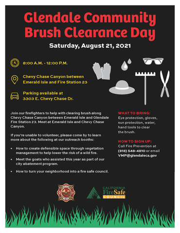 Glendale Community Brush Clearance Day Flyer- Event on August 21, 2021