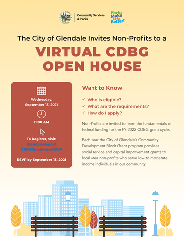 CDBG Open House Flyer- Wednesday, September 15, 2021 at 11:00am; Glendaleca.gov/CDBGOpenHouseRSVP