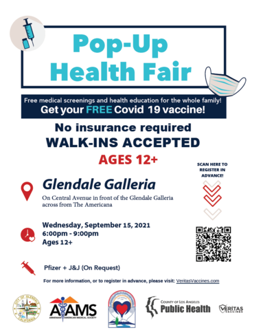 Flyer for Glendale's Second Pop Up Health Fair on 9/15/2021 in front of the Galleria on Central from 9pm-6pm