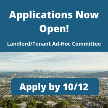 City Landscape/Aerial views of the City of Glendale; Text "Application now Open! Landlord/Tenant Ad Hoc Committee Apply by 10/12"